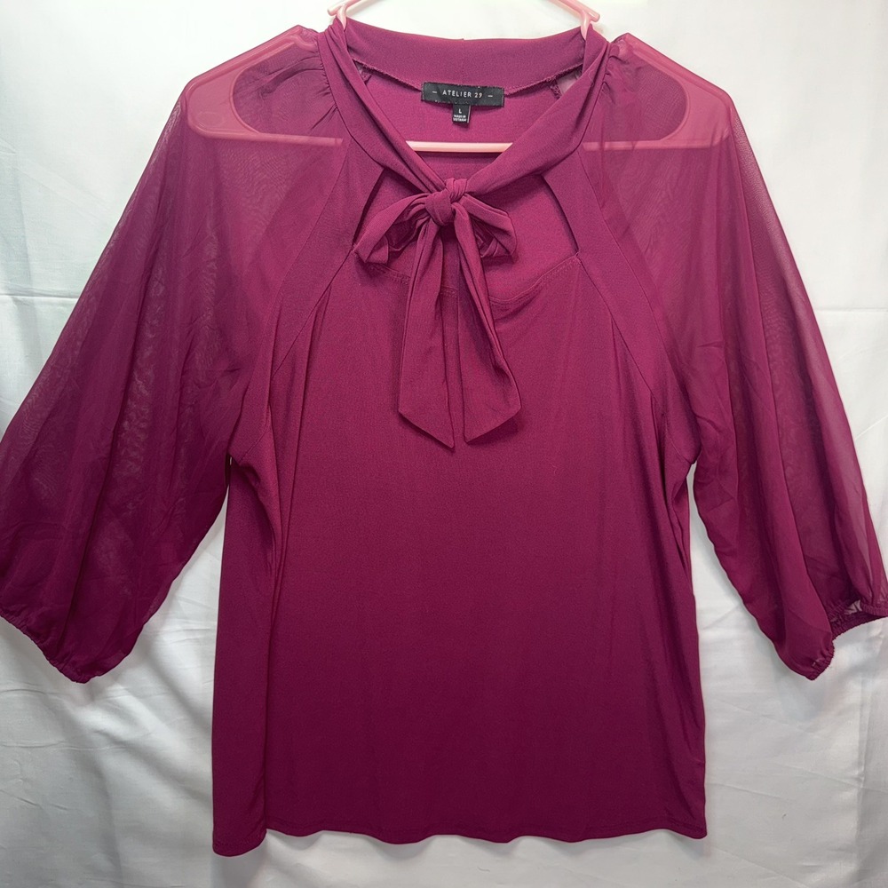 Atelier 29 Women's SZ LG Burgundy Blouse Tie Neck Cutout 3/4 Puff Sheer Sleeves